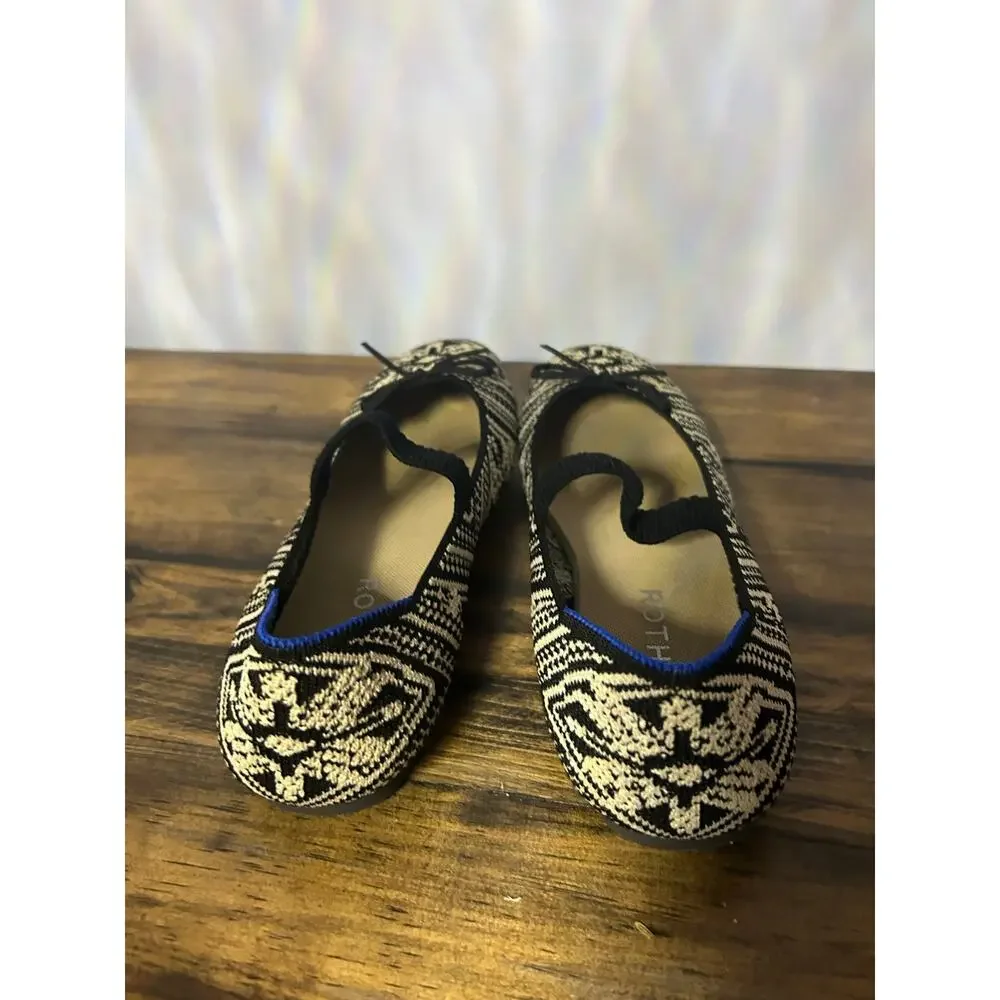 Rothy's Kids Sz 4 Bow Mary Jane Black & Cream Mosaic Pattern Back to School